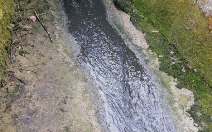 Zrzut ścieków koloru czarnego do rzeki z betonowego odpływu